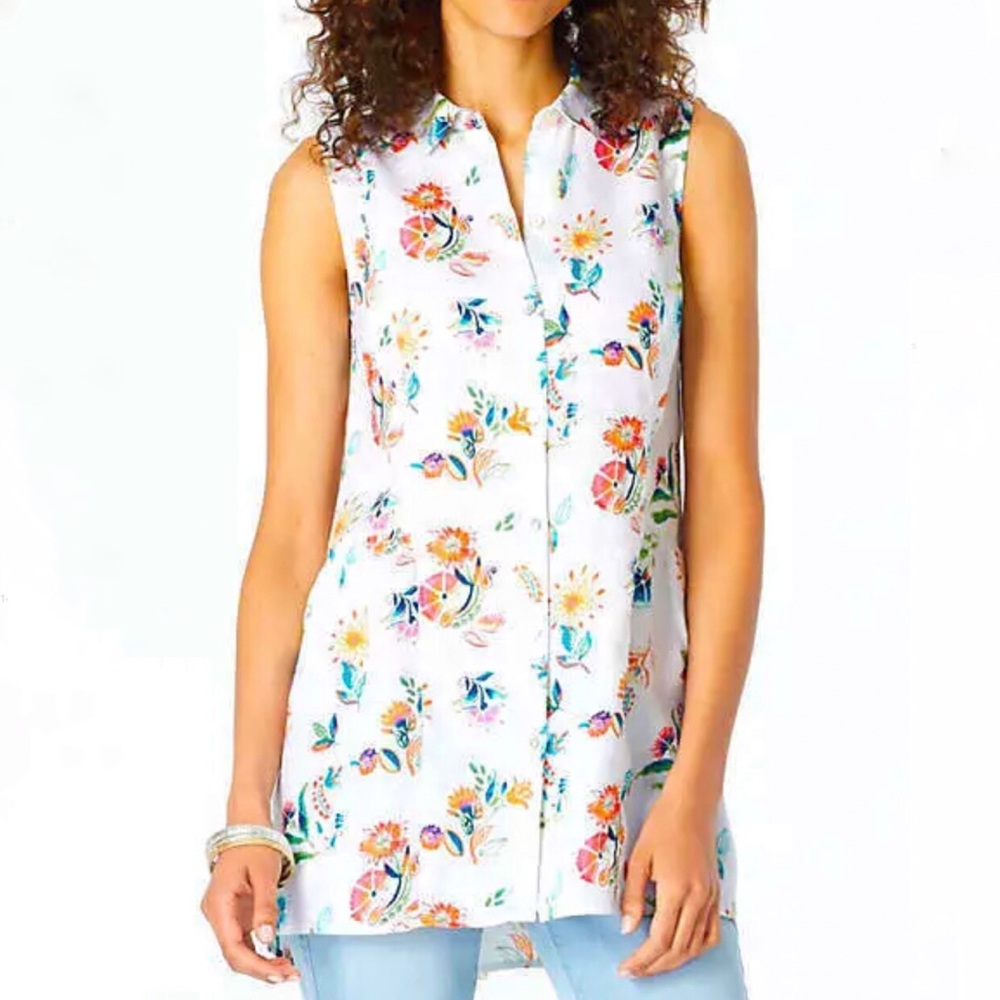 J. Jill White Floral Sleeveless Linen Blouse